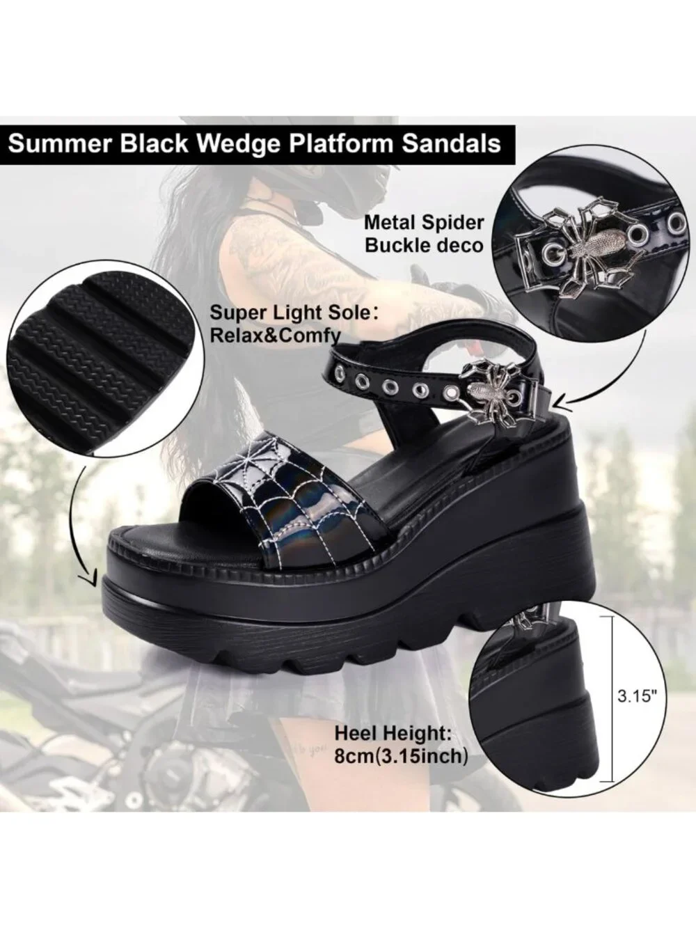 Gothic Chunky Black Platform Sandals with Metallic Spider Buckles, Sizes 5.5-11